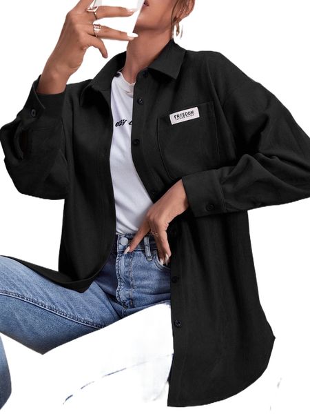 

corduroy letter patched button front coat 35nz#, Black