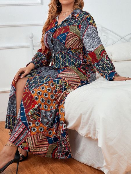

plus random floral & geo print button front shirt dress k9qx#, Black