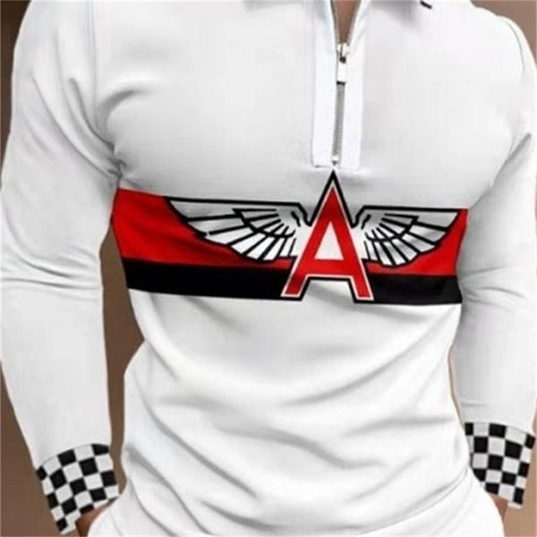 

autumn men polo shirts casual fashion long sleeve plaid foaming printing polos turn-down collar zippers tees mens u.s big size 220706, White;black
