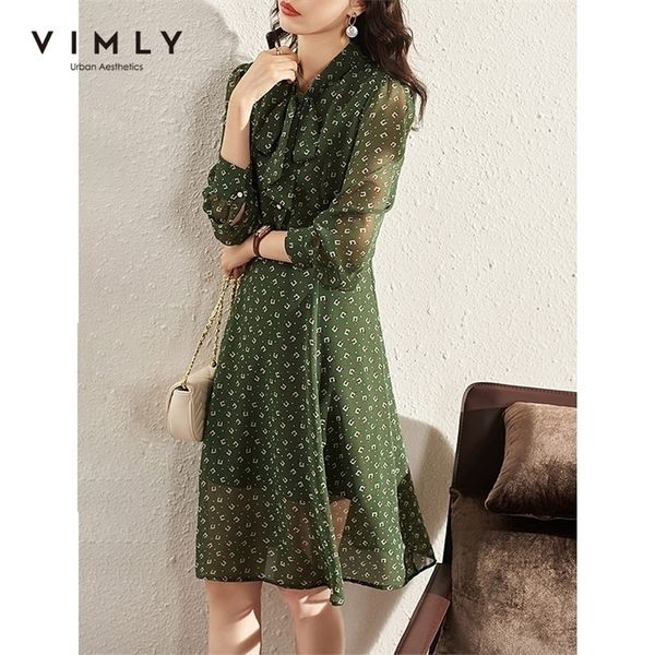 

vimly chiffon floral dress autumn long sleeve lace up temperament aline midi dresses female elegant vestido rebo f8776 220520, Black;gray