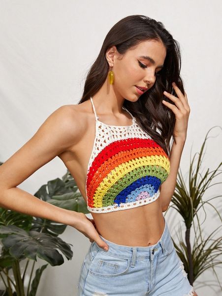 

colorblock tie backless knit halter u23d#, White;black