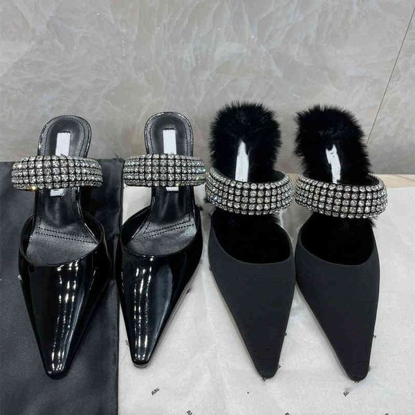 

sandals straight autumn and winter aw king baotou plush slippers sheepskin back empty thin heel high heels ctwl, Black