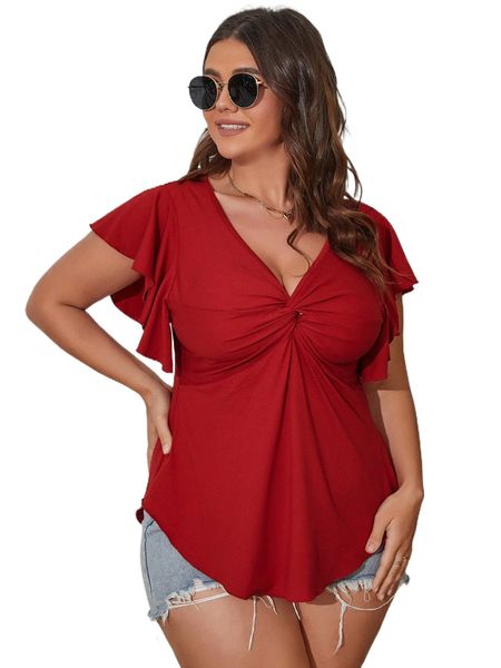 

plus twist front butterfly sleeve tee e6s9#, Black