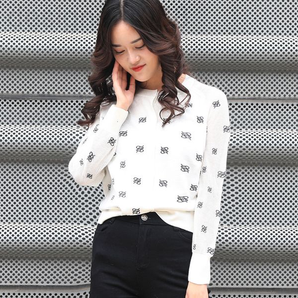 

women's knits & tees designer 2021 early spring black and white letters embroidery hollowed out pure wool sweater round neck short card