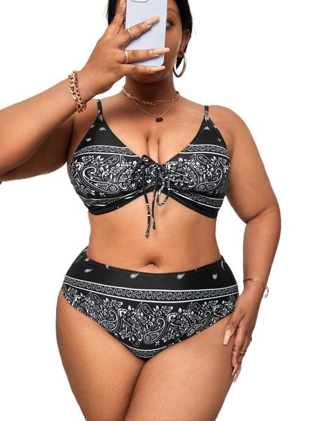 

plus paisley print drawstring high waist bikini swimsuit e1lm#, White;black
