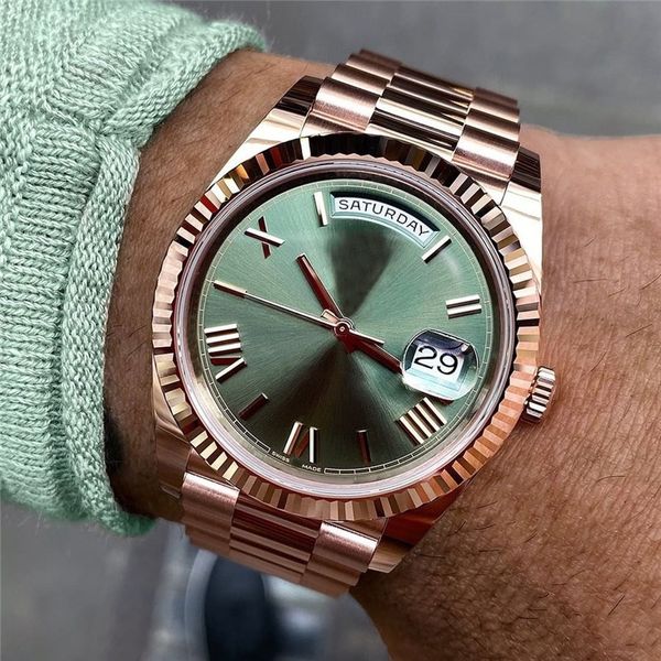 Мужские модные часы из розового золота с зеленым циферблатом из нержавеющей стали Деловые мужские механические часы 40 мм