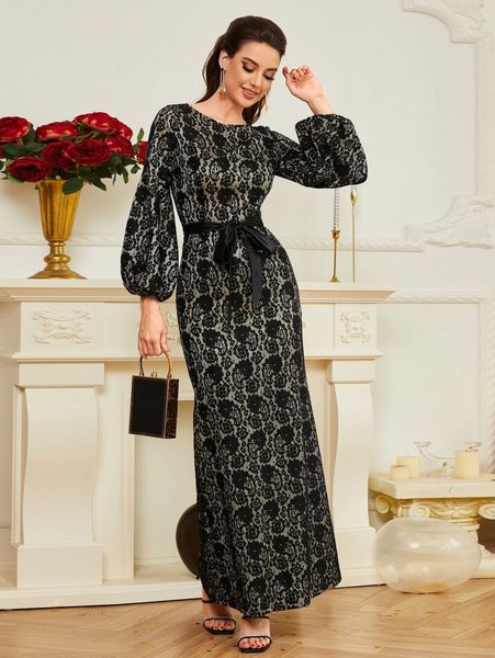 

lantern sleeve belted maxi lace prom dress d45b#, Black;gray