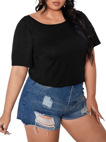 

plus ruffle trim button v-back tee h2r7#, Black