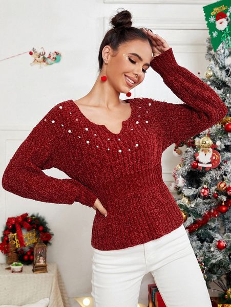 

notch neck pearls detail sweater f1e2#, White;black