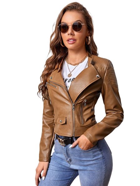 

zipper front pu moto jacket n0s0#, Black;brown