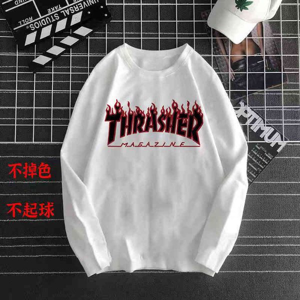 

flame long sve t-shirt men's and women's 2022 spring brand hip hop couple fashion bottom shirt, White;black