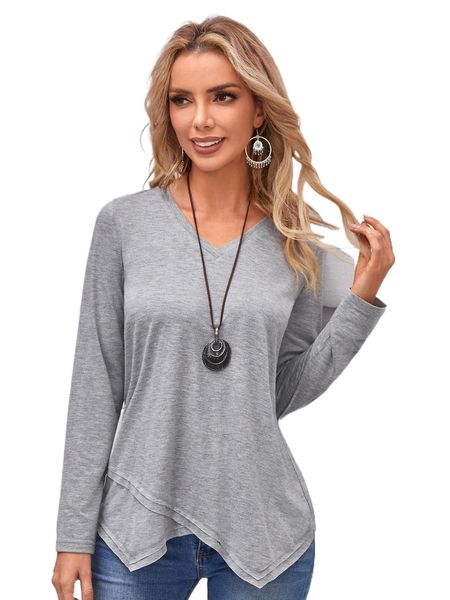 

emery rose v-neck asymmetrical hem tee 88yn#, White