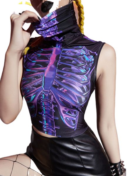 

gothic skeleton print hooded crop 044g#, White