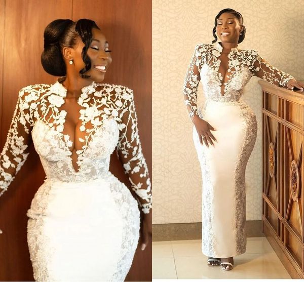 

white lace stain aso ebi prom dresses sheer high neck long sleeve ankle length afrian evening gown karakou algerie, Black