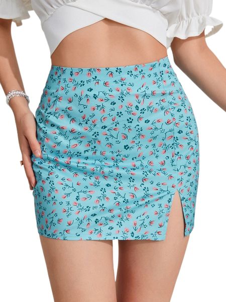 

ditsy floral print high waist split hem skirt z1hd#, Black