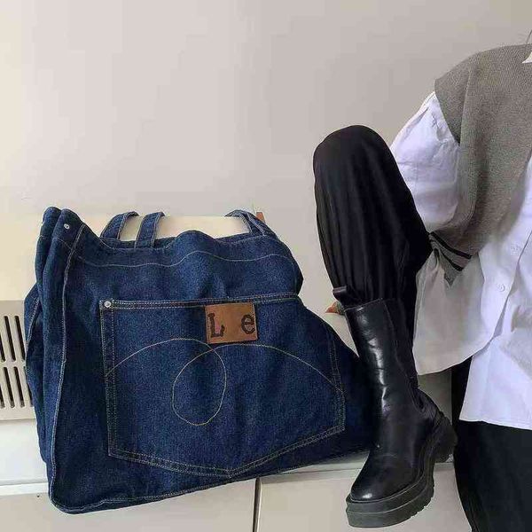 

shopping bags korean fashion ins one shoulder dark blue denim bag for men and women 220420