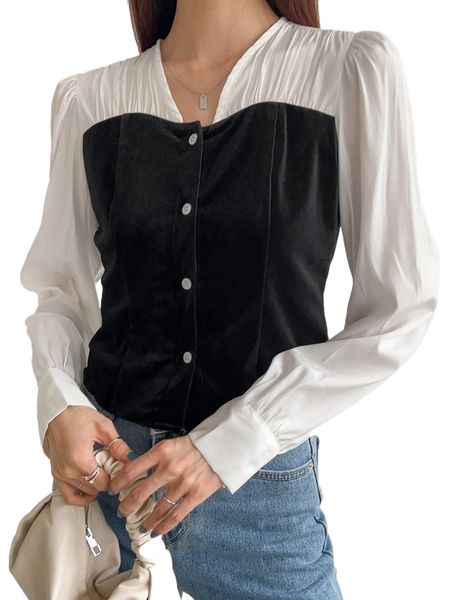 

dazy colorblock button front velvet blouse d2mm#, White