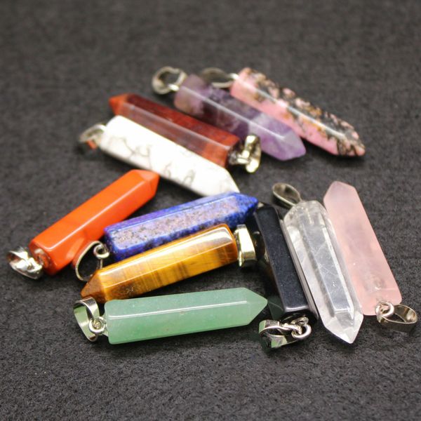 

32x8mm hexagonal bullet natural healing crystal stone pendant rose amethyst quartz green aventurine charms jewelry making wholesale, Silver