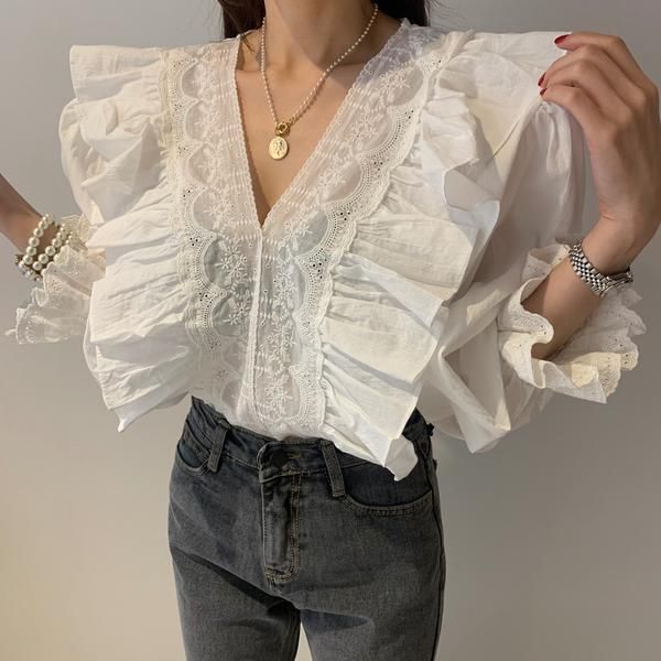 

women's blouses & shirts lace ruffles patchwork shirt blouse women v-neck long flare sleeve sweet camisas loose all-match solid color, White