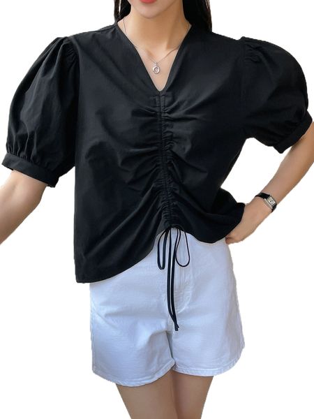 

dazy drawstring front puff sleeve blouse b3sm#, White