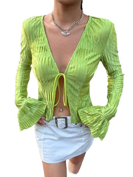 

solid tie front flounce sleeve blouse 50no#, White