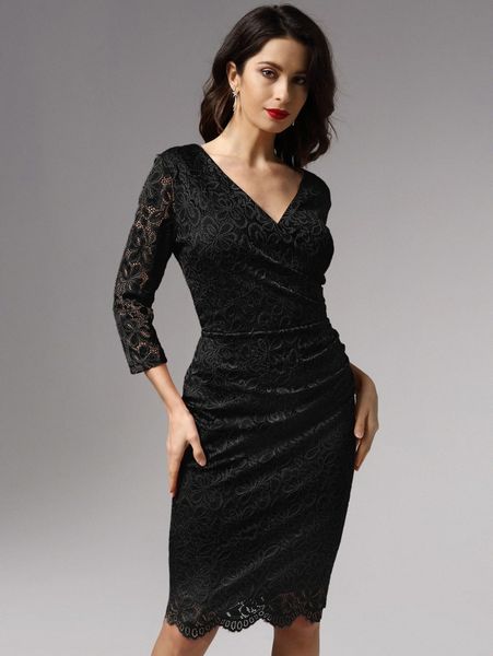 

miusol surplice neck ruched lace midi dress r87y#, Black;gray
