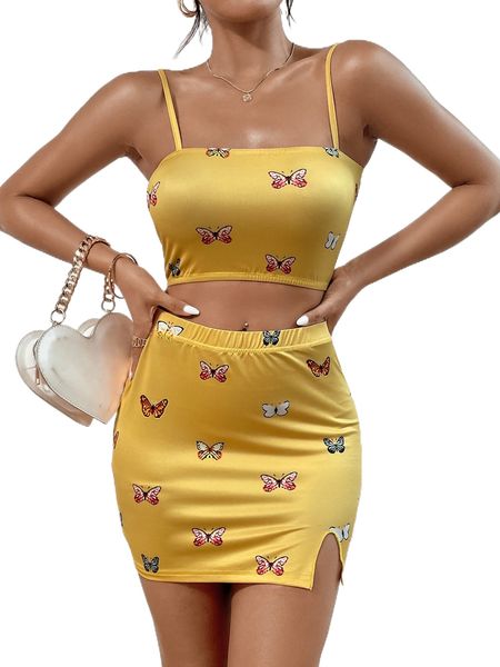 

butterfly print crop cami & split hem skirt v2d8#, White