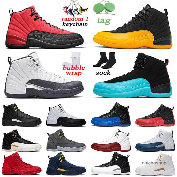 

jumpman 12 12s mens basketball shoes reverse flu game university gold gamma blue the master men trainer sports sneakers air og shoe, Black