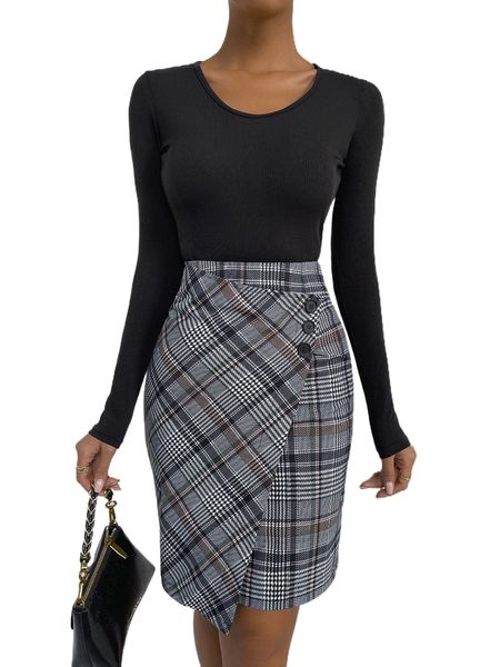 

plaid print wrap button skirt w1wj#, Black
