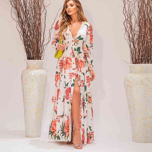 

prom luxury designer women's dresses 2022 spring and summer women's temperament v-neck sleeve printed dresses long split skirt, Black