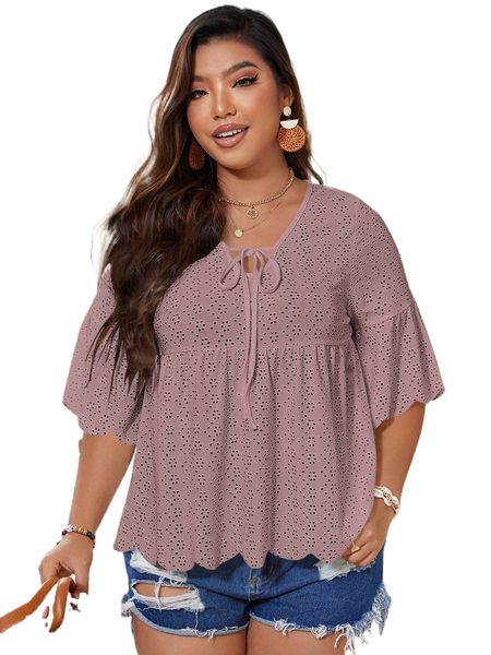 

plus eyelet embroidery tie front tee a7sr#, Black