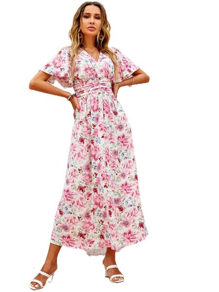 

allover floral print butterfly sleeve a-line dress n28m#, Black;gray