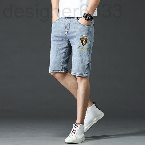 

men's jeans designer a high end fashion brand taurus embroidery drill summer thin print slim fit elastic five point short 2cz9, Blue