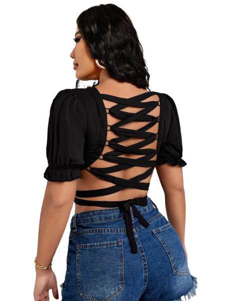 

sxy lace up backless plunging neck crop z74t#, White