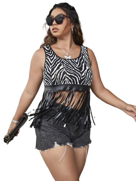 

plus zebra striped fringe hem tank y5ip#, Black
