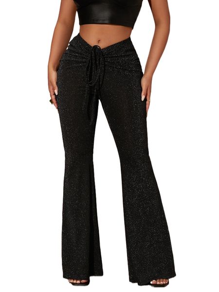 

drawstring front metallic flare leg pants h7cc#, Black;white