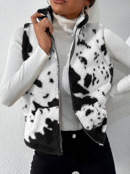 

cow print teddy vest jacket g4fl#, Black;brown