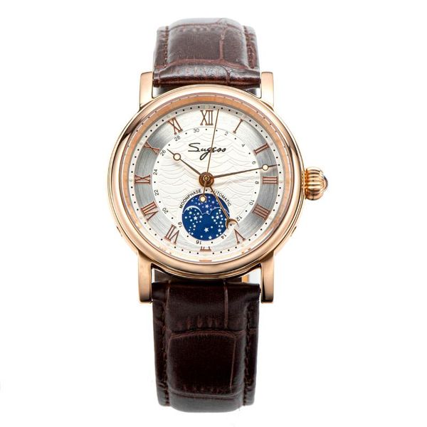 

wristwatches sugess moonphase automatic mechanical men's watch seagull movement st2108 waterproof clock sapphire special date, Slivery;brown