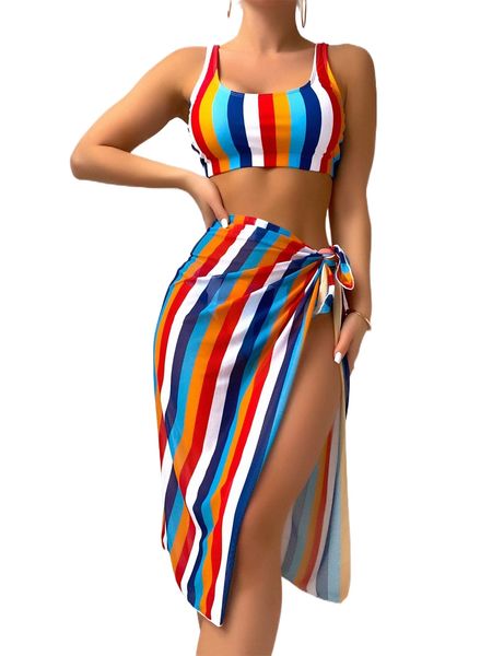 

striped bikini swimsuit with beach skirt a4zn#, White;black