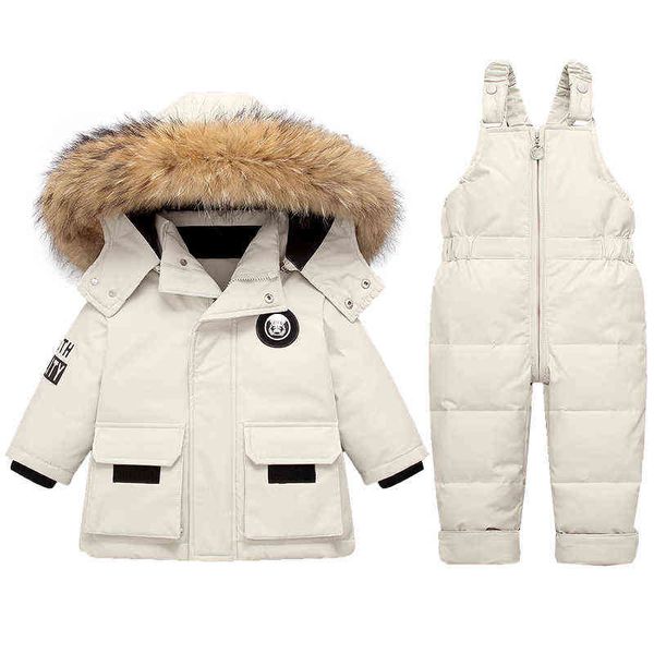 

2 piece set children down jacket winter new boy jacket girls snowsuit real fur collar warm kids parka thicker baby clothes 1-4 year j220718, Blue;gray