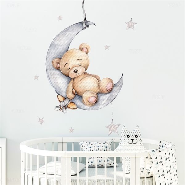 Cartoon ursinho de pelúcia dormindo na lua e estrelas adesivos de parede para crianças quarto de bebê decalques decalques de parede de decalques interior 220727