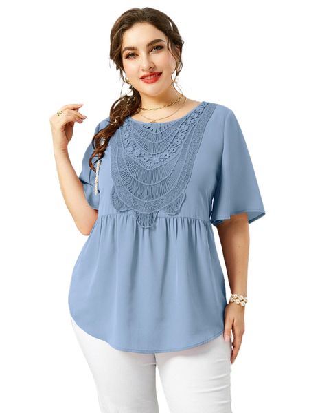 

plus guipure lace panel butterfly sleeve peplum blouse n83u#, Black