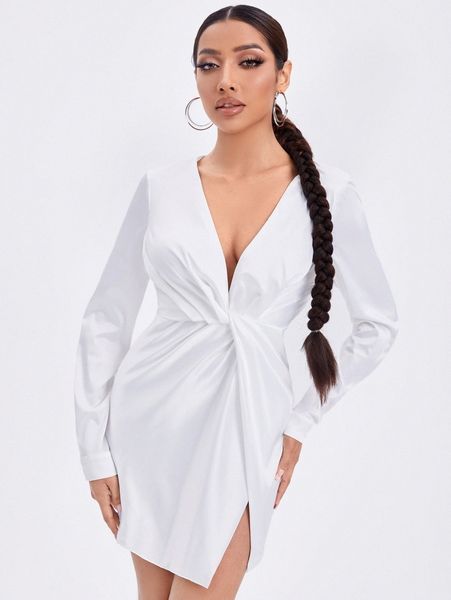 

petite solid plunging neck wrap hem dress 8200#, Black;gray