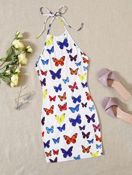 

allover butterfly print halter dress e321#, Black;gray