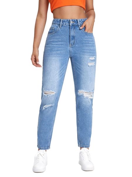 

blues high waist ripped mom fit jeans z6ot#, Blue