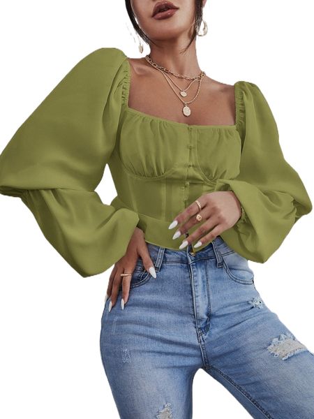 

square neck lantern sleeve ruched crop blouse p3oy#, White