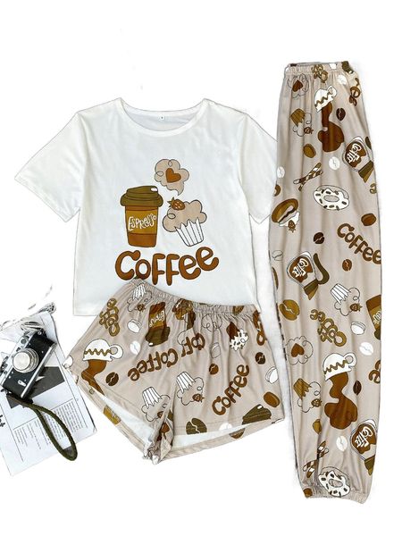 

letter and graphic print & shorts & pants pj set r0ss#, Black;red