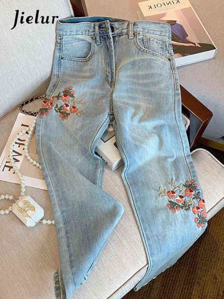 

jielur flower embroidered light blue jeans women 2022 new summer creative fashion slim straight high waist denim pants s-xl t220728