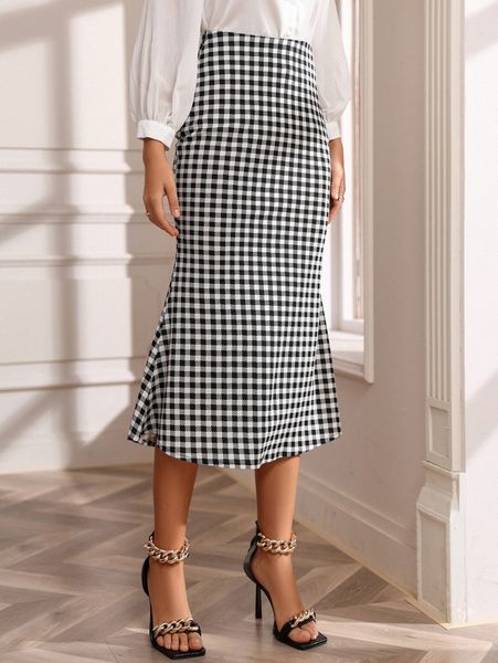 

high waist gingham mermaid hem skirt o39p#, Black