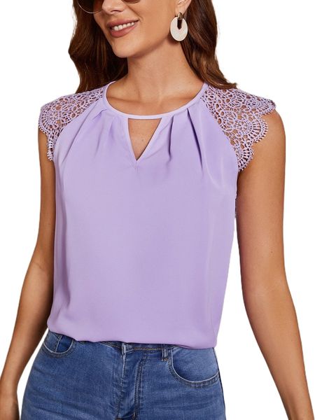 

plicated detail guipure lace panel keyhole neck blouse n6ga#, White